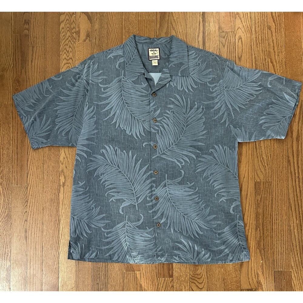 Tommy Bahama Mens Large 100% Silk Slate Blue Palm Leaf Jacquard Camp Shirt